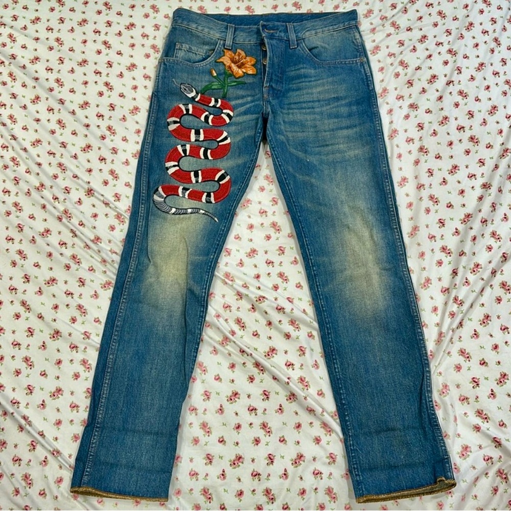 Gucci Denim Embroidered Snake Jeans